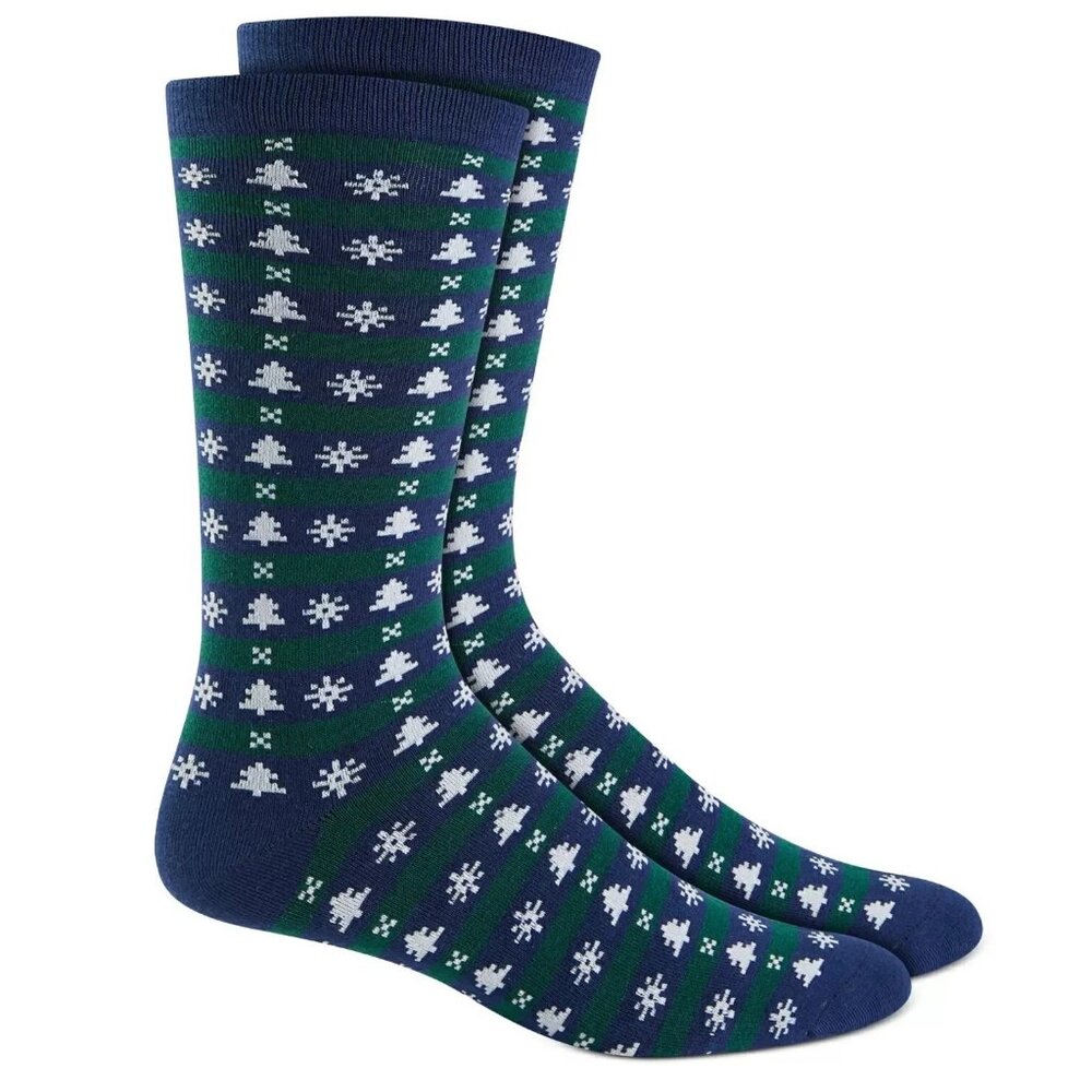 Club Room Men's 1-Pair Holiday Crew Socks, Blue Green Trees, Shoe Size 7-12